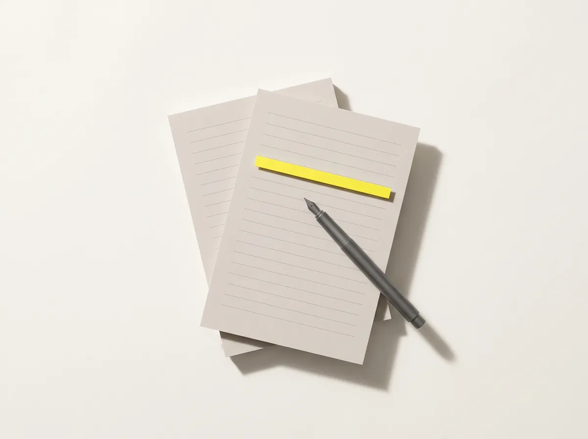 Two sheets of ruled white card with one line marked in yellow, and a fountain pen lying across them.