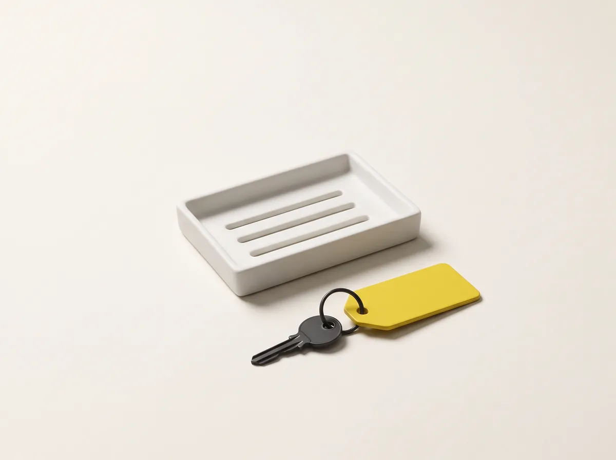 A white ceramic tray with a key on a ring and a yellow tag lying in front of it.